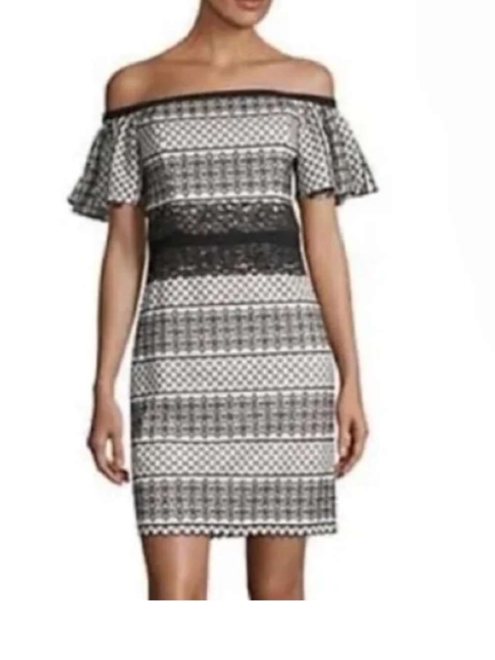 NWT HALSTON black white eyelet lace accent off shoulder dress size 10